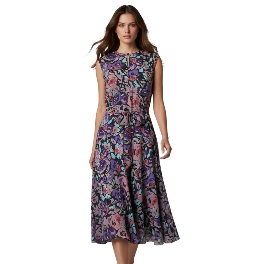Ralph Lauren Purple/Black Floral Belted Crepe Sleeveless Flare Midi Dress 6